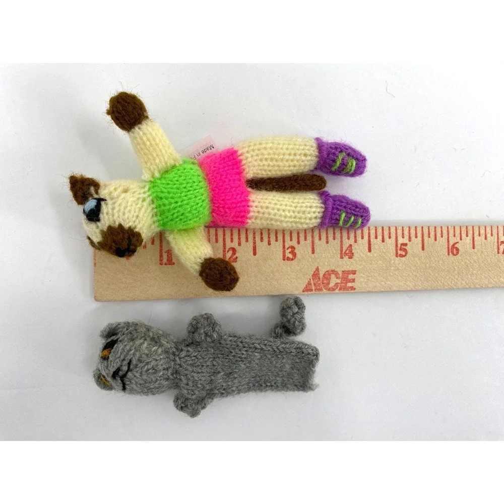 10 Knit Finger Puppets Turtle Dog Mouse Squirrel Cats Animal Colorful